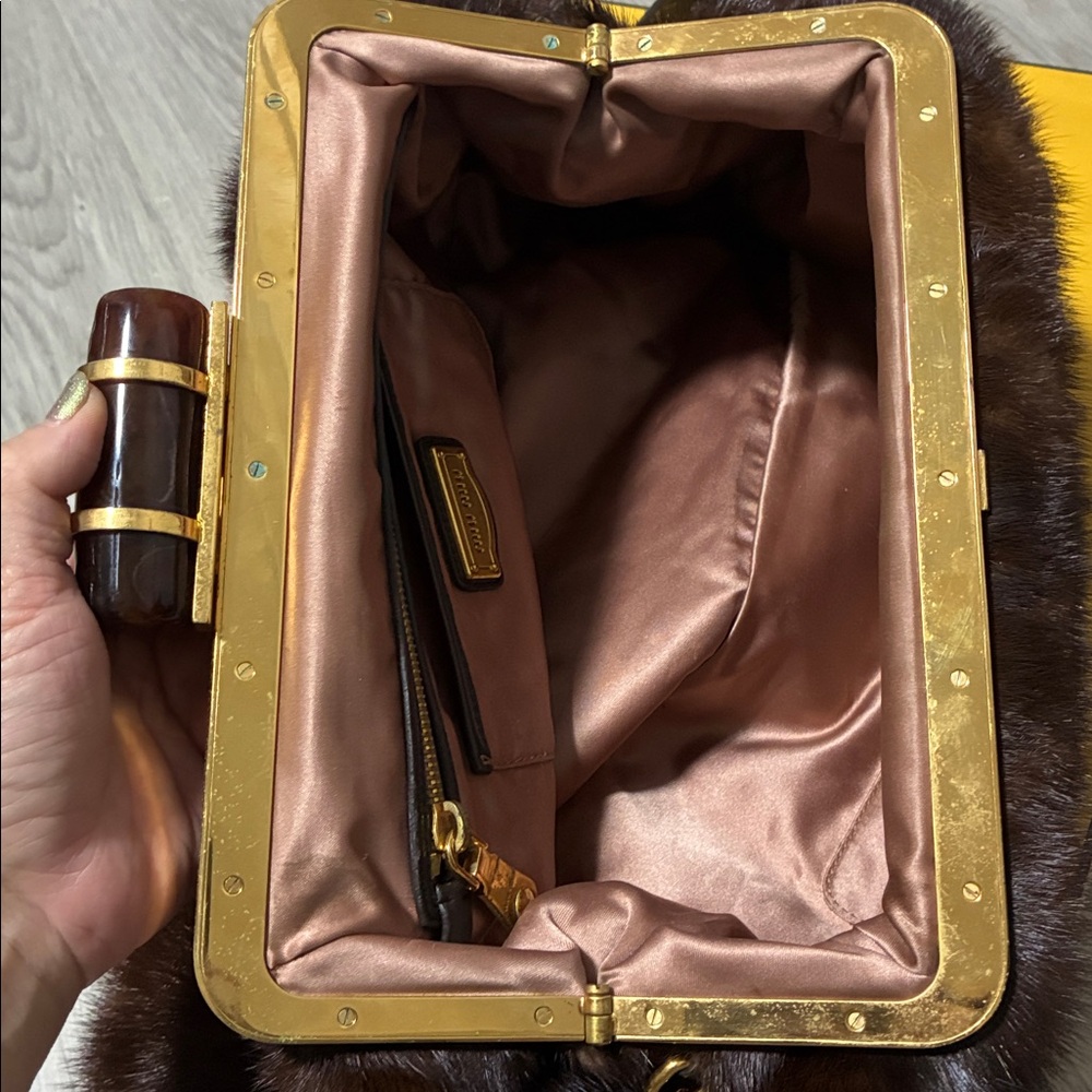 Miu Miu Brown Mink Fur Oversized Clutch with Gold Handle Accent & Brown Strap - Picture 11 of 14